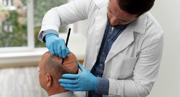 Mejores clínicas injerto capilar Barcelona - Médico tricólogo realizando del diseño del trasplante capilar Barcelona a un hombre con alopecia avanzada