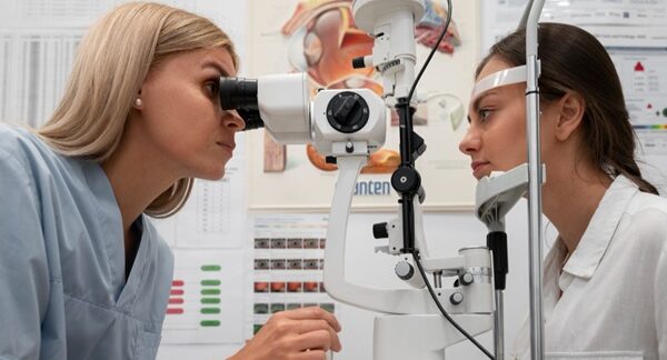 Mejores oculistas - Mujer en consulta de oftalmólogo con uno de los mejores oculistas en Barcelona