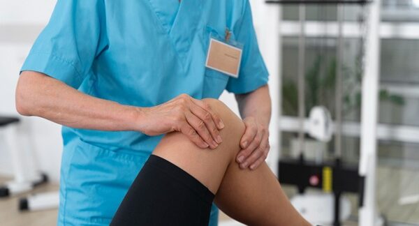 Mejores ortopedistas de rodilla - Traumatólogo evaluando la rodilla de un paciente en consulta con los mejores ortopedistas de rodilla en Barcelona