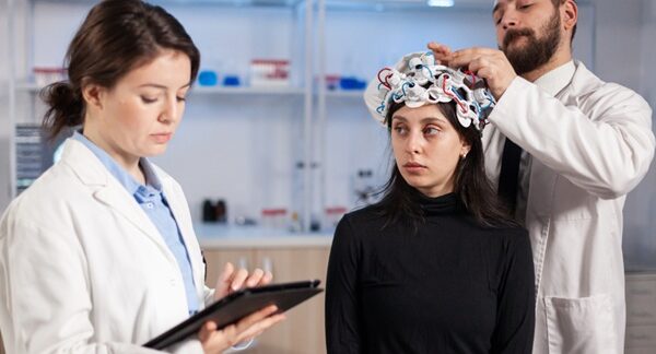 Centros para el dolor de cabeza - Neurólogo evaluando a una mujer con dolor de cabeza debido a cefalea y migraña en uno de los mejores centros para el dolor de cabeza en Barcelona