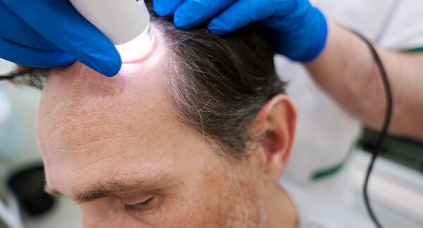 Tricólogos - Médico capilar evaluando el cuero cabelludo de un hombre con alopecia reconocido como uno de los mejores tricólogos en Barcelona