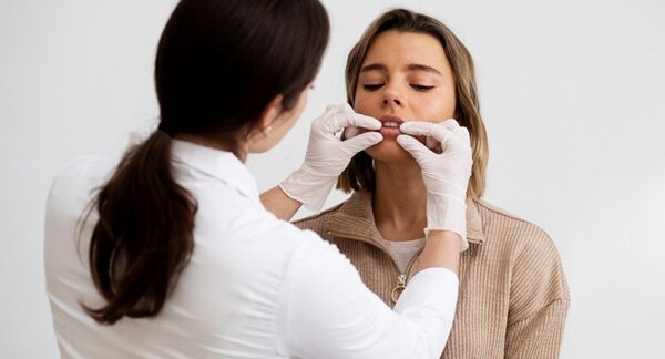 Relleno de labios - Médico de medicina estética evaluando los labios de una mujer para aplicar tratamiento con bótox o ácido hialurónico en una de las mejores clínicas de relleno de labios de Barcelona