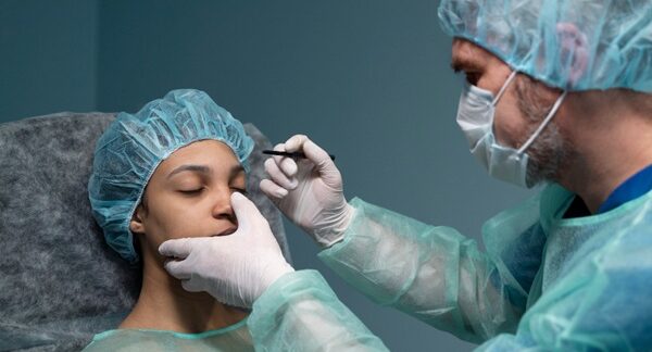 Cirujanos de rinoplastia - Médico estético reconocido como uno de los mejores cirujanos de rinoplastia de Barcelona realizando una operación de nariz a una mujer