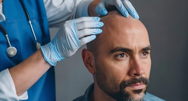 Médicos de trasplante capilar - Tricólogo reconocido como el mejor cirujano capilar España evaluando el cuero cabelludo de un hombre con alopecia para un trasplante capilar Barcelona