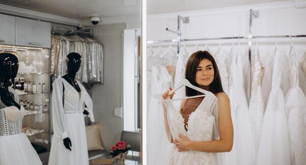 Vestidos de novia - Mujer observando varios modelos de trajes de novia para la boda en una de las mejores tiendas de vestidos de novia en Barcelona