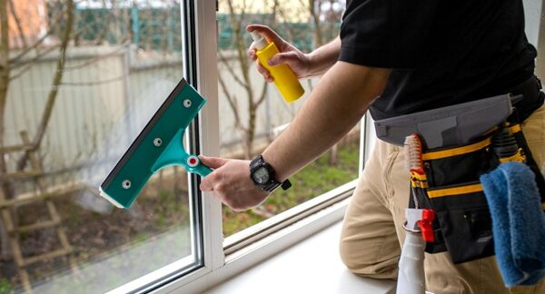 Limpieza de ventanas - Limpiador de cristales de una de las mejores empresas de limpieza de ventanas en Barcelona realizando limpieza de cristales y ventanas a domicilio