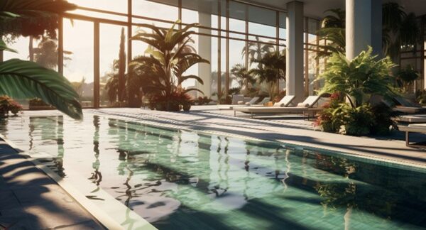 Hoteles con piscina climatizada - Área de las piscinas con cubierta interior en uno de los mejores hoteles con piscina climatizada en Barcelona