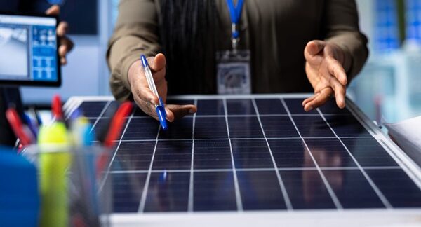 Instalación de sistemas fotovoltaicos - Trabajador mostrando una placa solar para obtener energía fotovoltaica en Barcelona