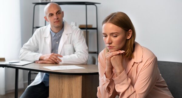 Psicoterapeutas - Psicoterapeuta en Barcelona evaluando a una mujer joven con depresión que busca un psicólogo terapia profesional