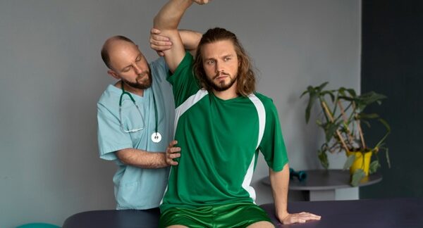 Fisioterapeutas deportivos en Barcelona - Rehabilitador deportivo realizando una fisioterapia deportiva a un hombre con lesiones musculares