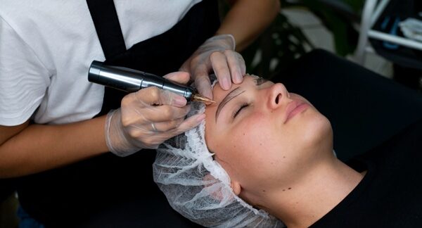 Estudios de microtatuajes - Especialista en microtatuajes Barcelona realizando un microtatuaje cejas a una mujer