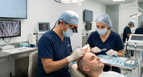 Injerto capilar España - Médico tricólogo de la mejor clínica injerto capilar España realizando un injerto capilar Barcelona a un hombre con alopecia en las entradas