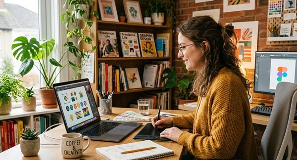 Diseñadores gráficos freelance - Mujer realizando un diseño gráfico freelance para un proyecto corporativo