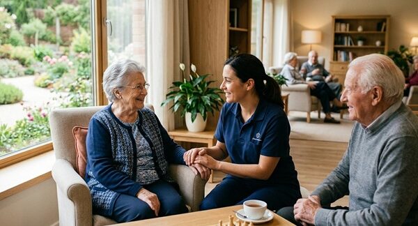 Geriátricos privados - Personas en una residencia para mayores en Barcelona siendo atendidas por una enfermera especialista en geriatría