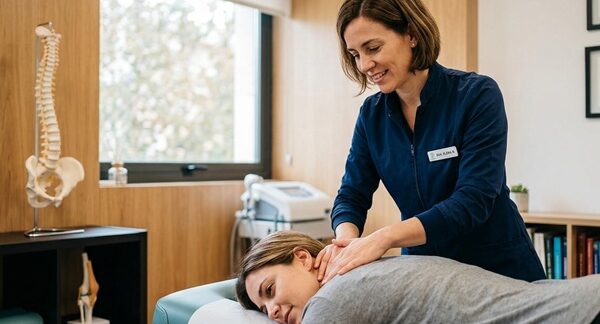 Quiroprácticos - Quiropráctica realizando una sesión de reajuste de la columna vertebral a una mujer en Barcelona
