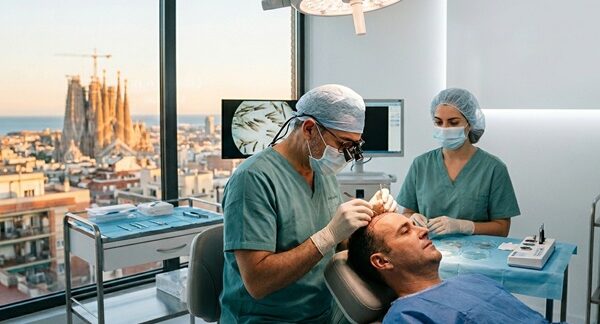Clínicas implante capilar - Médico tricólogo realizando un injerto capilar en Barcelona usando el método DHI a un hombre con alopecia en las entradas