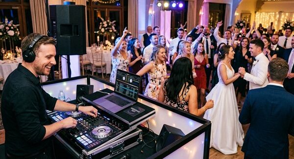 DJ para bodas - Pareja de recién casados bailando en la fiesta de boda gracias a la música del mejor DJ Barcelona