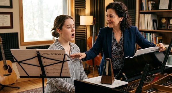 Profesores de canto - Profesora dando clases de canto a una estudiante en la mejor escuela de canto en Barcelona