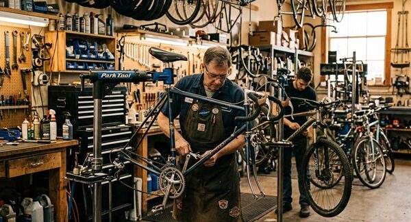 Reparación de bicicletas - Mecánico de bicicletas reparando los pedales en el mejor taller de bicis en Barcelona
