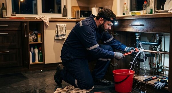 Fontaneros urgentes - Fontanero 24h realizando un trabajo de fontanería a domicilio en Barcelona