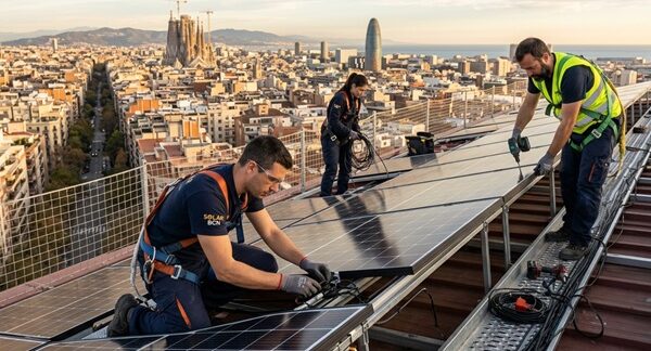Especialistas en energía solar - Equipo de una de las mejores empresas solares en Barcelona realizando la instalación de un servicio de energía solar