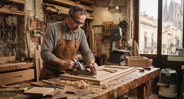 Carpinteros a medida - Carpintero cortando madera para realizar muebles a medida en Barcelona