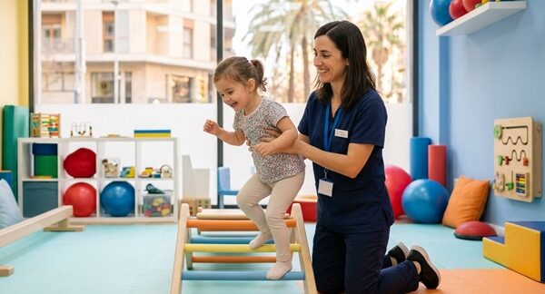 Fisioterapia pediátrica - Fisiopediatra realizando fisioterapia infantil a una niña en Barcelona