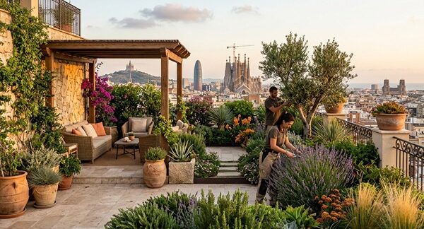 Servicios de paisajismo - Trabajadores de una empresa de asesoramiento en paisajismo arreglando las plantas de una terraza paisajista en Barcelona